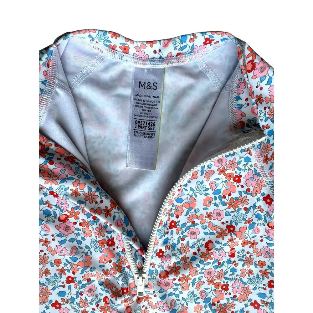 M & S One-piece & Hat Floral Baby Swim Set Size 12-18mos